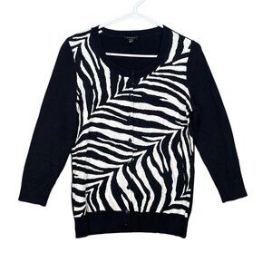 Talbots Zebra Cardigan Sweater Womens Size‎ S Black White Knit 3/4 Sleeve